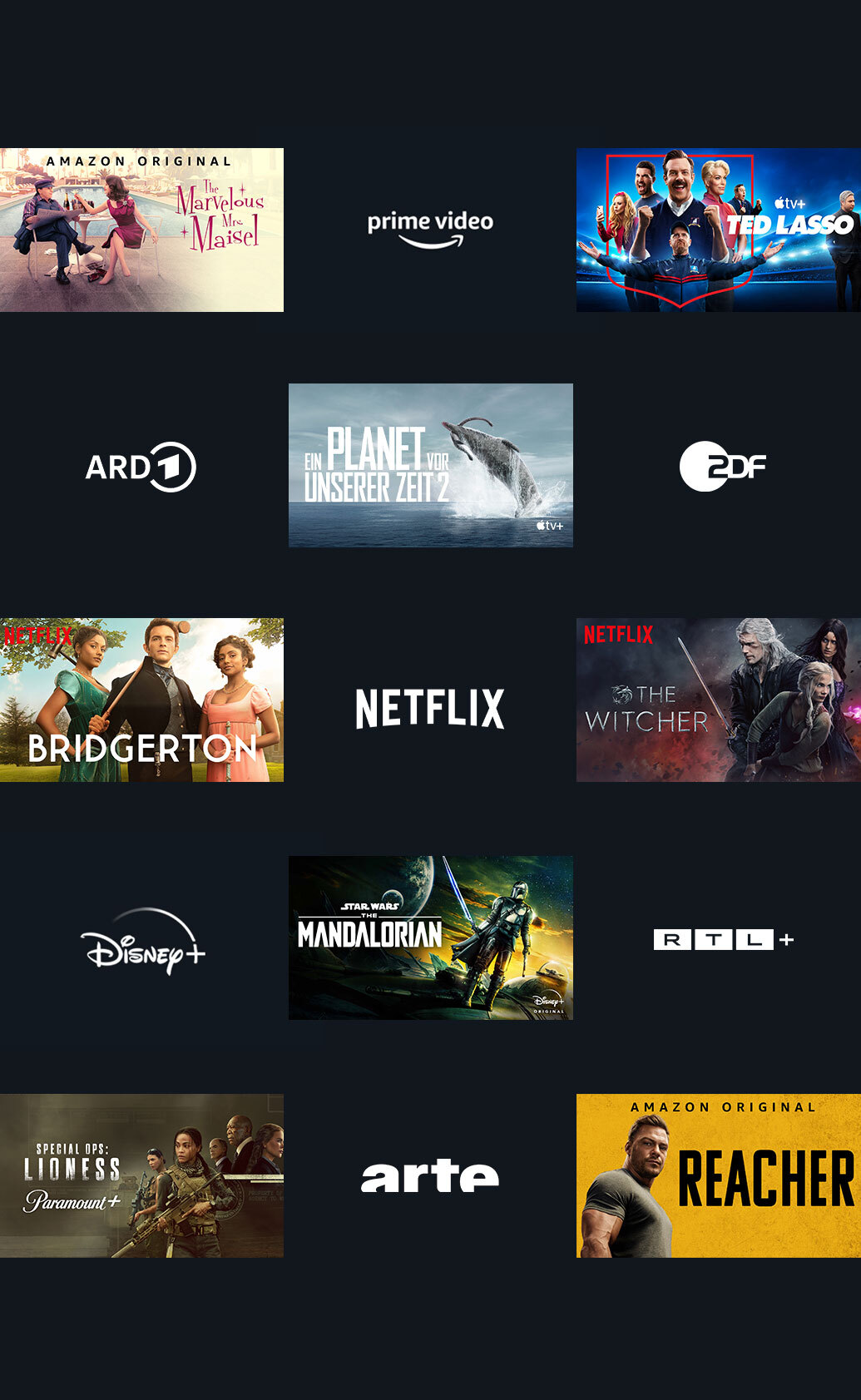 MDA1NjZlNGQt. CB545959274 Schachbrettförmige Anordnung von Szenen aus unterschiedlichen Serien und Logos von Streaming-Anbietern wie Prime Video, Disney+ und Freevee.