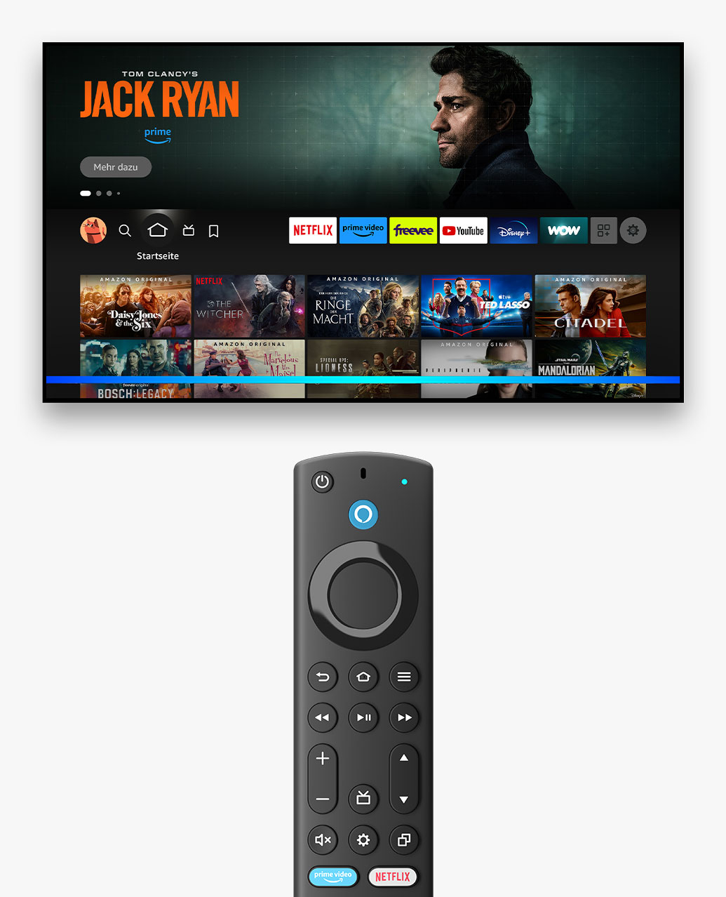Auf einem Smart-TV wird die Startseite von Prime Video angezeigt, auf der unterschiedliche Inhalte zu sehen sind. Ein blauer Balken am unteren Bildschirmrand zeigt an, dass die Alexa-Sprachsteuerung genutzt wird.