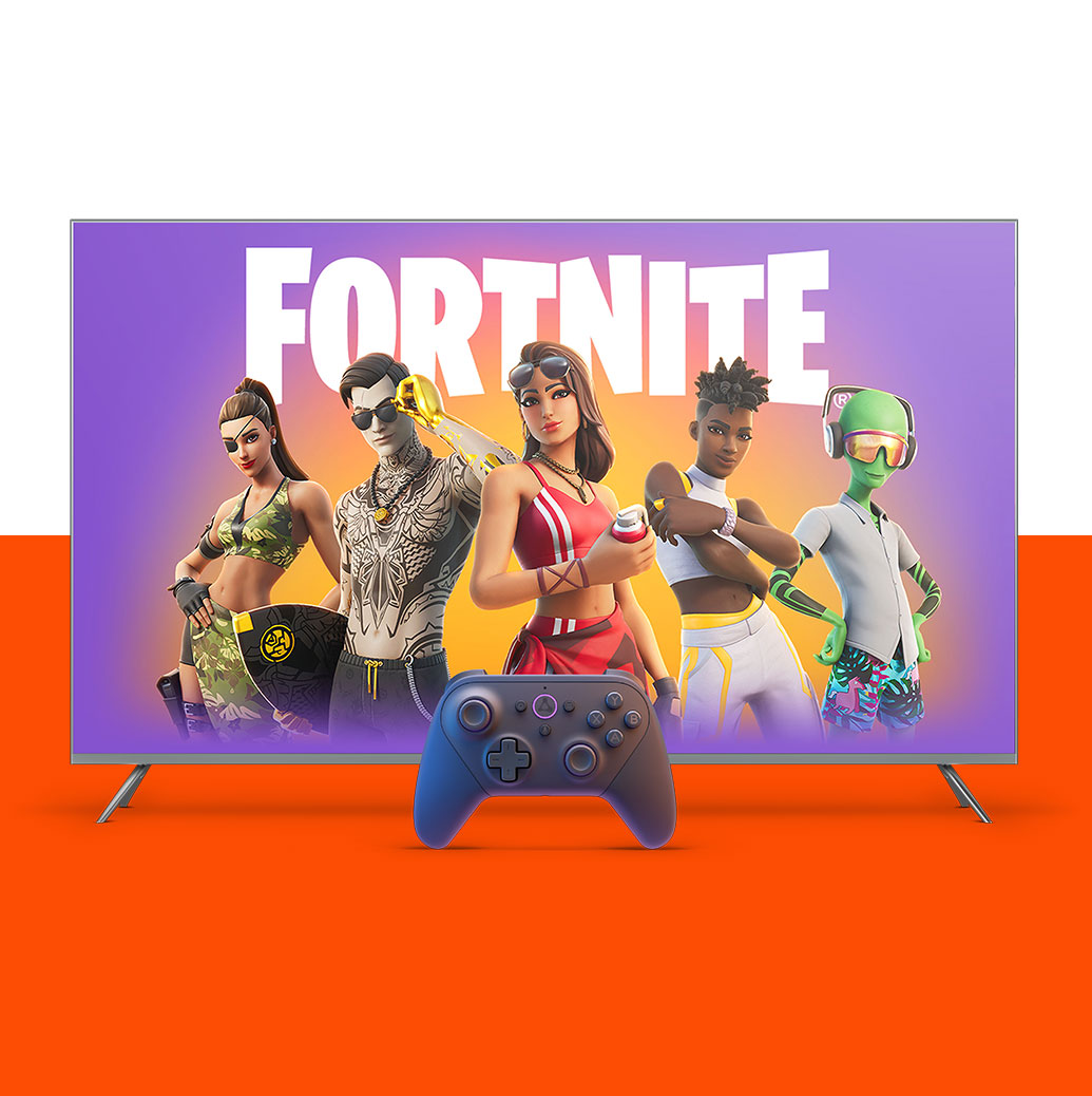 NTkyZWVhNjIt. CB578434902 Auf einem HDTV wird der Werbebildschirm für das Spiel Fortnite angezeigt. Ein Luna-Gamecontroller steht vor dem Fernseher.