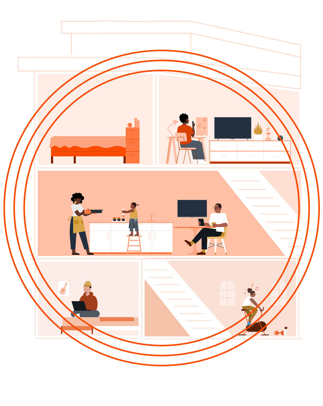 NWI3MmRlNzct. CB578434902 Illustration eines zweistöckigen Gebäudes. Die Bewohner benutzen Geräte. Zwei konzentrische Kreise veranschaulichen Konnektivität. In einem dritten Kreis ist ein Balkendiagramm zu sehen, das die überragende Leistung von Wi-Fi 6E illustriert.