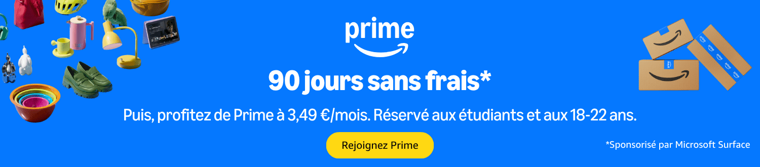 Banner Prime. Logo Amazon, fond bleu. Produits: écouteurs, lampes, chaussures. Bouton jaune 'Rejoindre'. Texte: '90 jours gratuits. 3,49€/mois. *Par Microsoft Surface'
