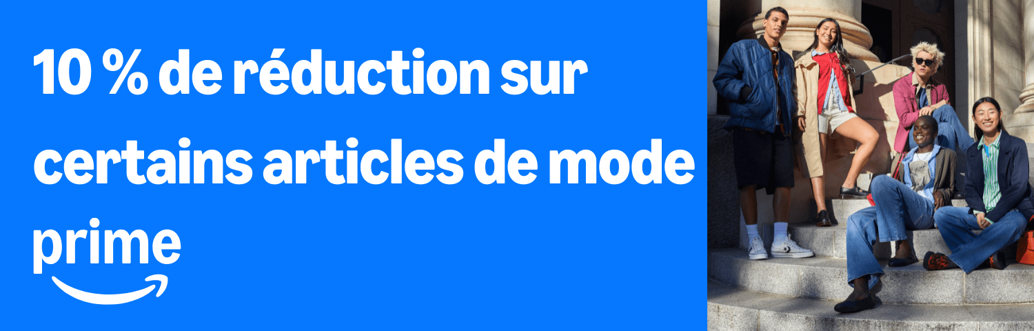 10% de réduction sur une sélection de mode pour les membres Prime Student. Groupe d'étudiants sur des marches en pierre d'un bâtiment en tenue décontractée.