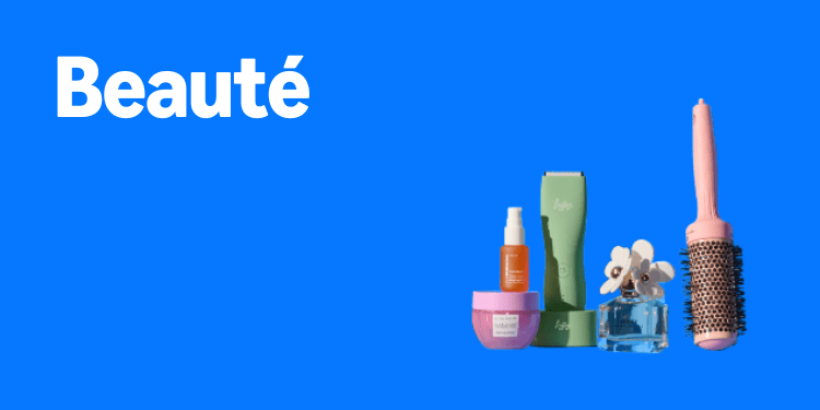 Des crèmes, une brosse ronde et un parfum sur fond bleu avec le texte: "Beauté"