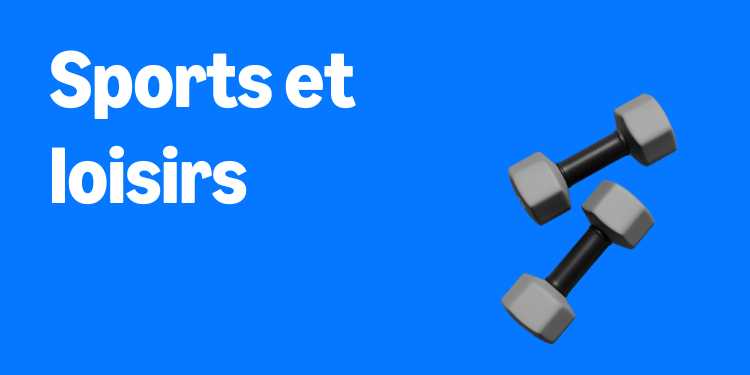 Une paire d'haltères noires et grises sur fond bleu avec le texte: "Sports et loisirs"