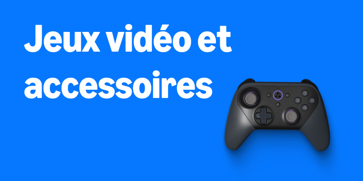 Une manette de jeu noire sur fond bleu avec le texte: "Jeux vidéo et accessoires"