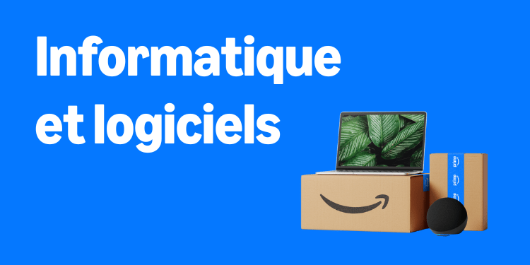 Un ordinateur sur un carton Amazon à côté d'un autre carton Amazon avec le texte: "Informatique et logiciels"