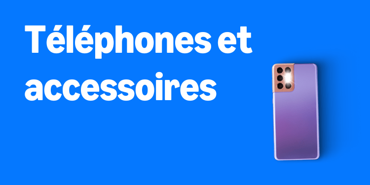 Un téléphone portable violet sur fond bleu avec le texte: "Téléphones et accessoires"