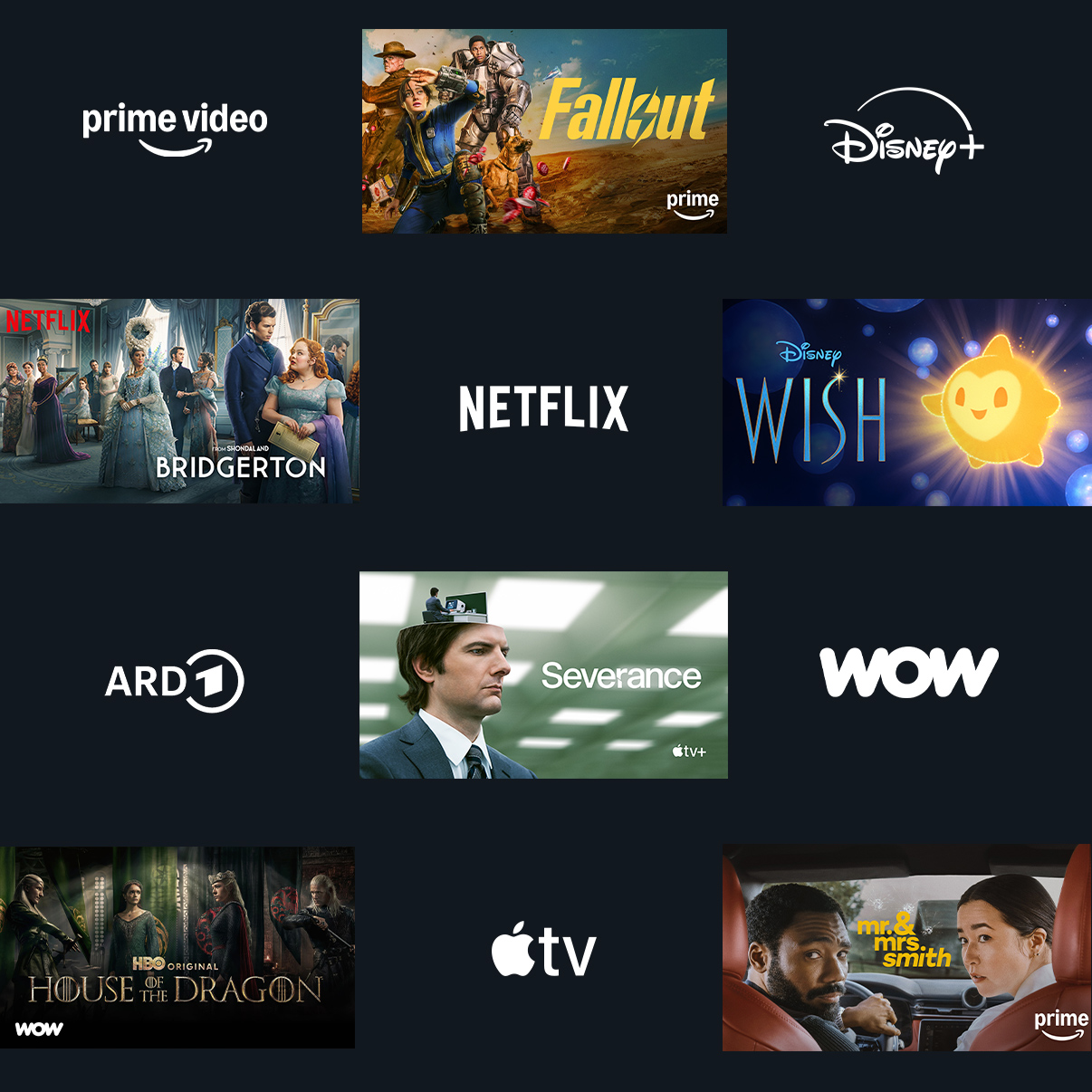 Montage en damier de scènes de différentes séries avec les logos de différents services de streaming comme Prime Video, Hulu, Apple TV et Max, sur un fond bleu.