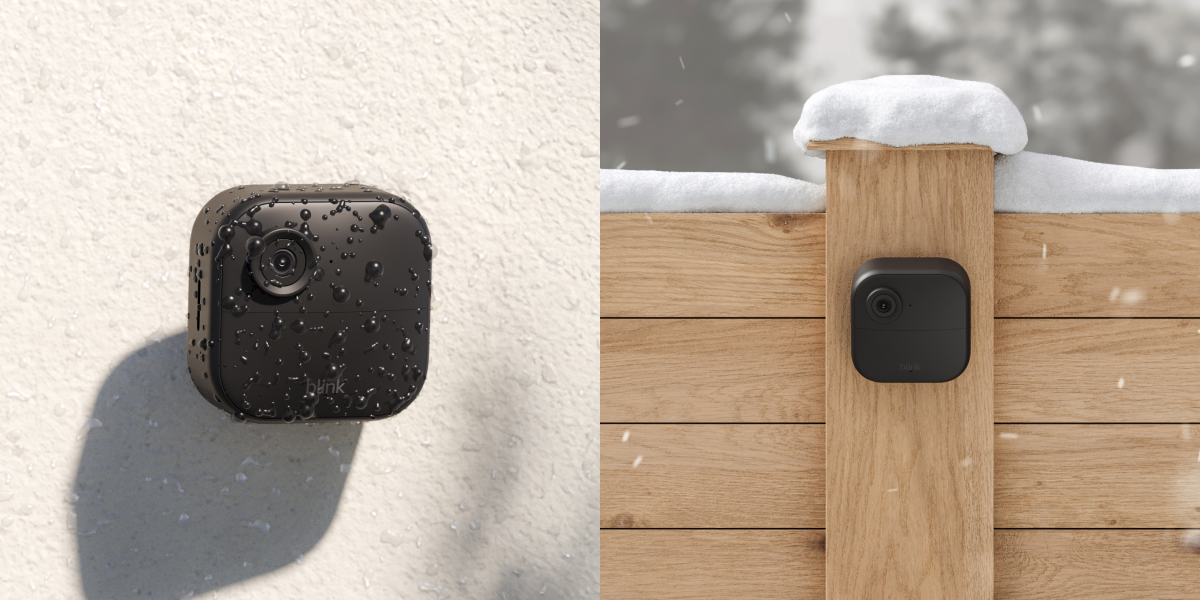 Image montrant Blink Outdoor 4 fixée à un mur sous une météo pluvieuse d'un côté, et à une palissade sous la neige de l'autre, afin d'illustrer la résistance aux intempéries de l'appareil et son fonctionnement sans fil