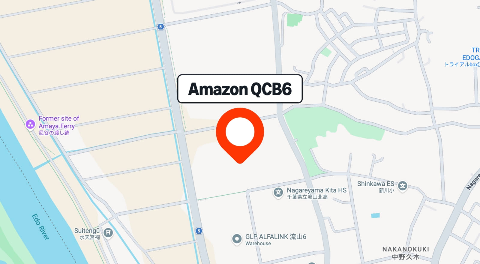 日本の千葉県流山市にあるAmazonの施設の位置を示したデジタルマップで、赤いピンマーカーが表示されています。