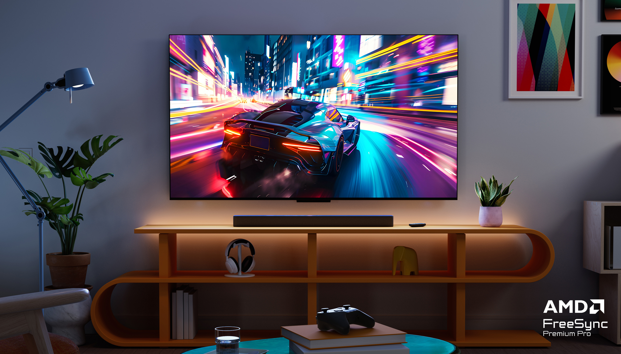 Scène d'un salon, montrant des jeux vidéo sur une télévision avec une manette agrandie. Un logo est visible en bas à droite : AMD Freesync Premium Pro.