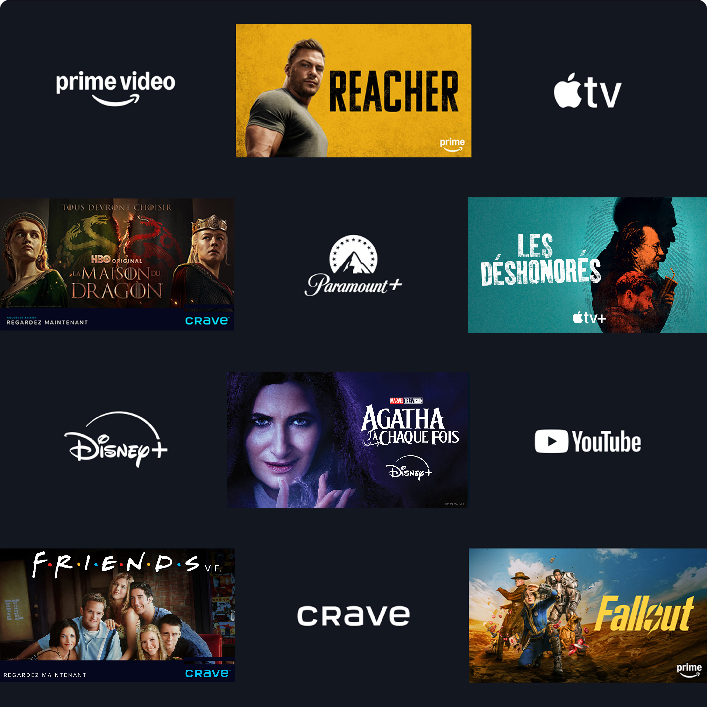 Grille comportant les logos de différents diffuseurs et titres, dont : Prime Video, Reacher, Apple TV, Mayor of Kingstown, Paramount+, CHI, Disney+, Doctor Who, YouTube, Hacks, Big Mood