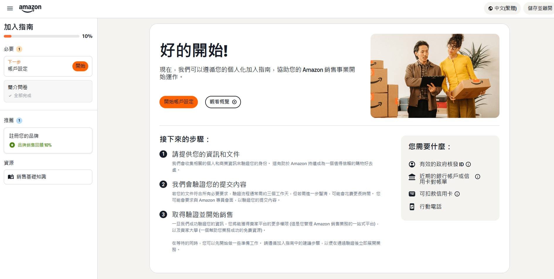 亞馬遜新賣家註冊流程概覽：9 個步驟一次看懂，從開店前資料準備、身分／公司資訊填寫、賣家個人資訊、店鋪與付款設定，到資質審核與正式開店。台灣個人賣家僅需護照即可註冊（目前僅開放美國站），企業賣家可開通最多 17 個站點。