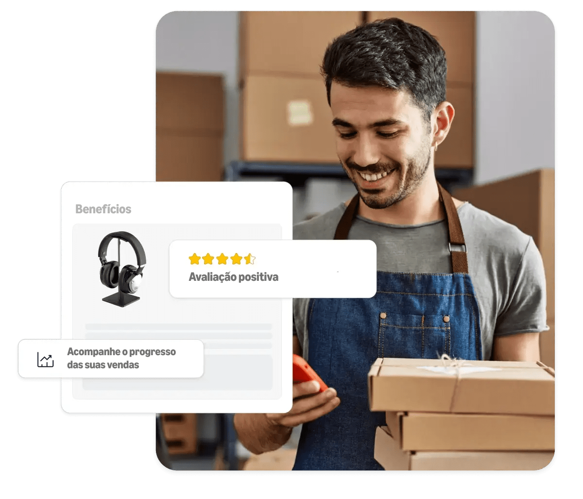 Um homem usando um smartphone com caixas em frente