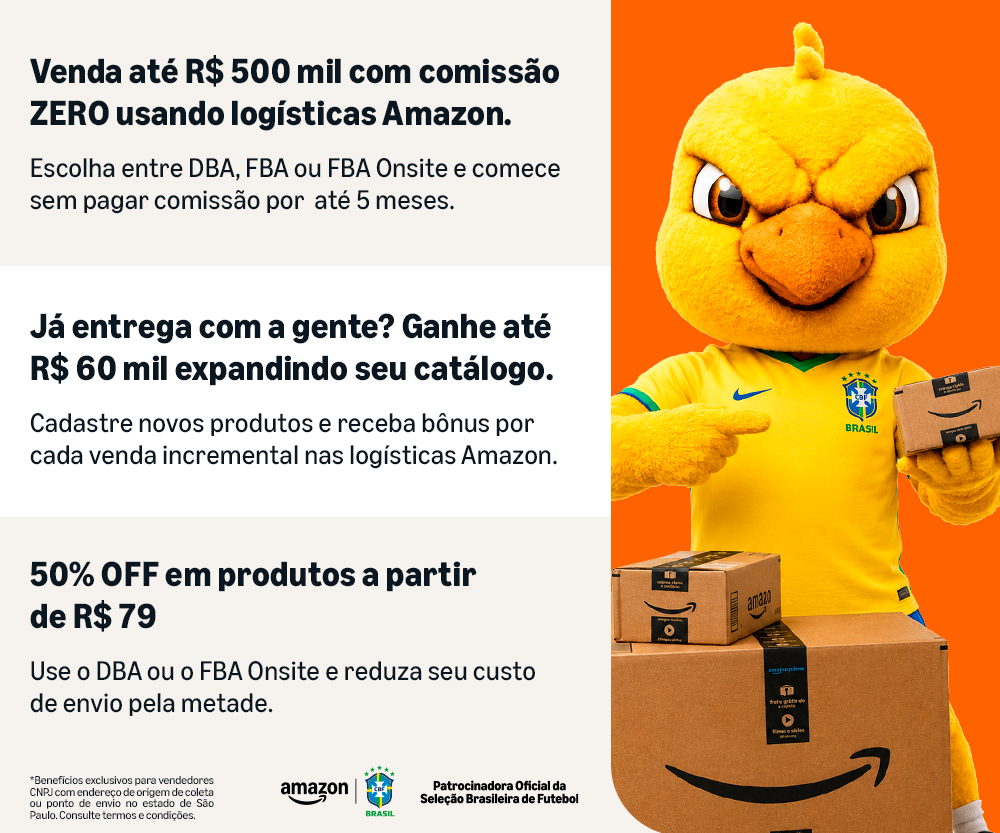 Mascote em formato de pássaro amarelo, com bico laranja e olhos expressivos, vestindo a camisa oficial da Seleção Brasileira de Futebol com o escudo da CBF. O mascote está em pé e segura uma caixa de papelão com o logo da Amazon.