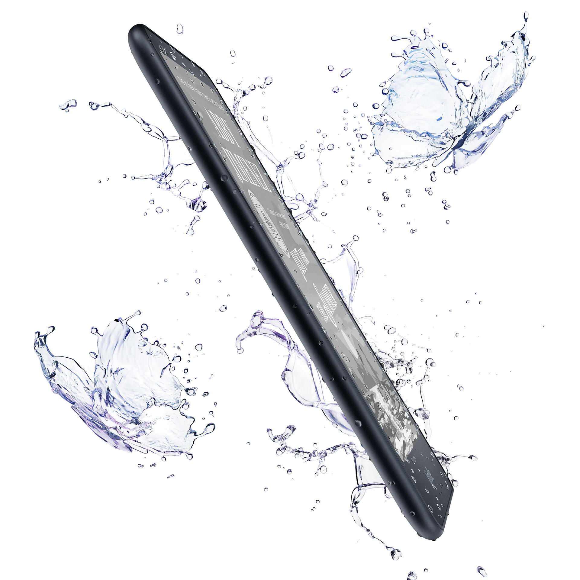 Thin profile view of Kindle Paperwhite. Water splashes in the shape of butterflies float around the device.