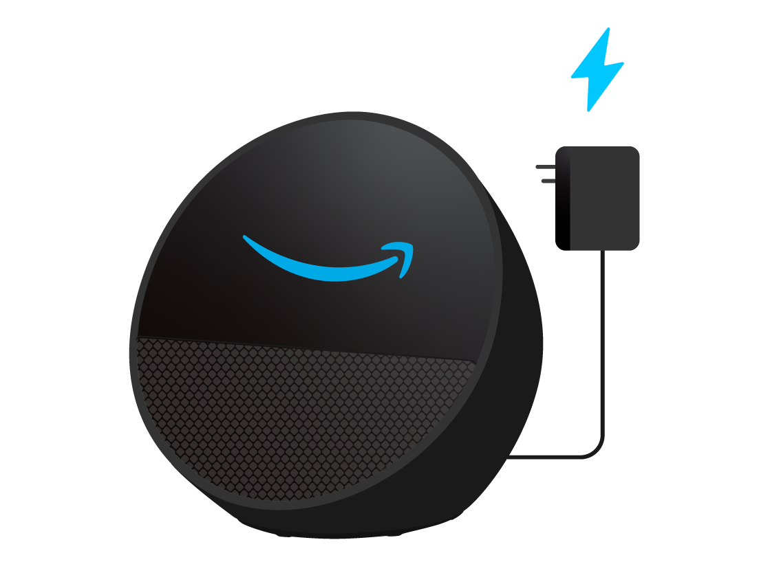 جهاز Echo Spot بمقبسه وأيقونة رمز الكهرباء وابتسامة أمازون زرقاء على الشاشة