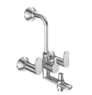 heavy brass 3-in-1 wall mixer with overhead l-bend pipe & hand shower provision | hot and cold water bathroom mixer faucet with spout | chrome finish wall mounted tap