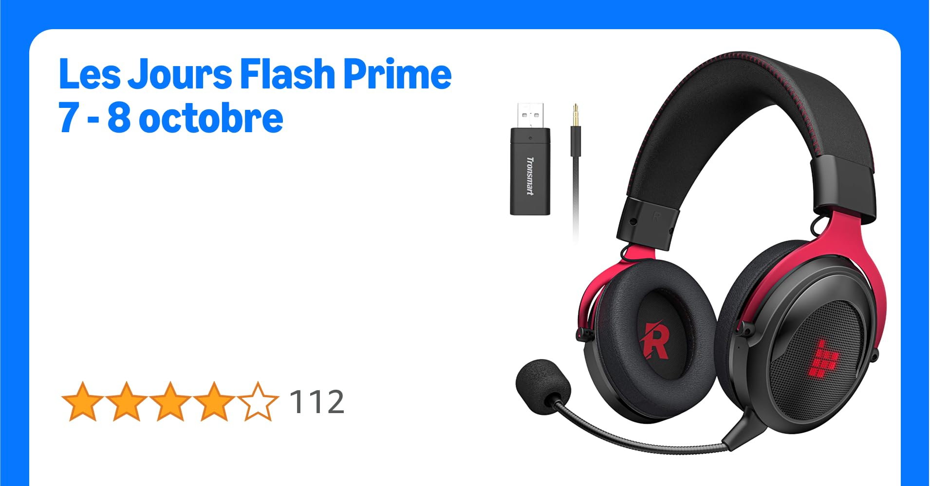Tronsmart Shadow Casque Gaming PS4, PS5, PC, Ordinateur, Micro Casque Gamer Switch Stéréo Sans Fil LED pour Jeux avec 7.1 Son Surround, 2,4 GHz Micro Anti Bruit, Mousse de mémoire, émetteur USB Inclus