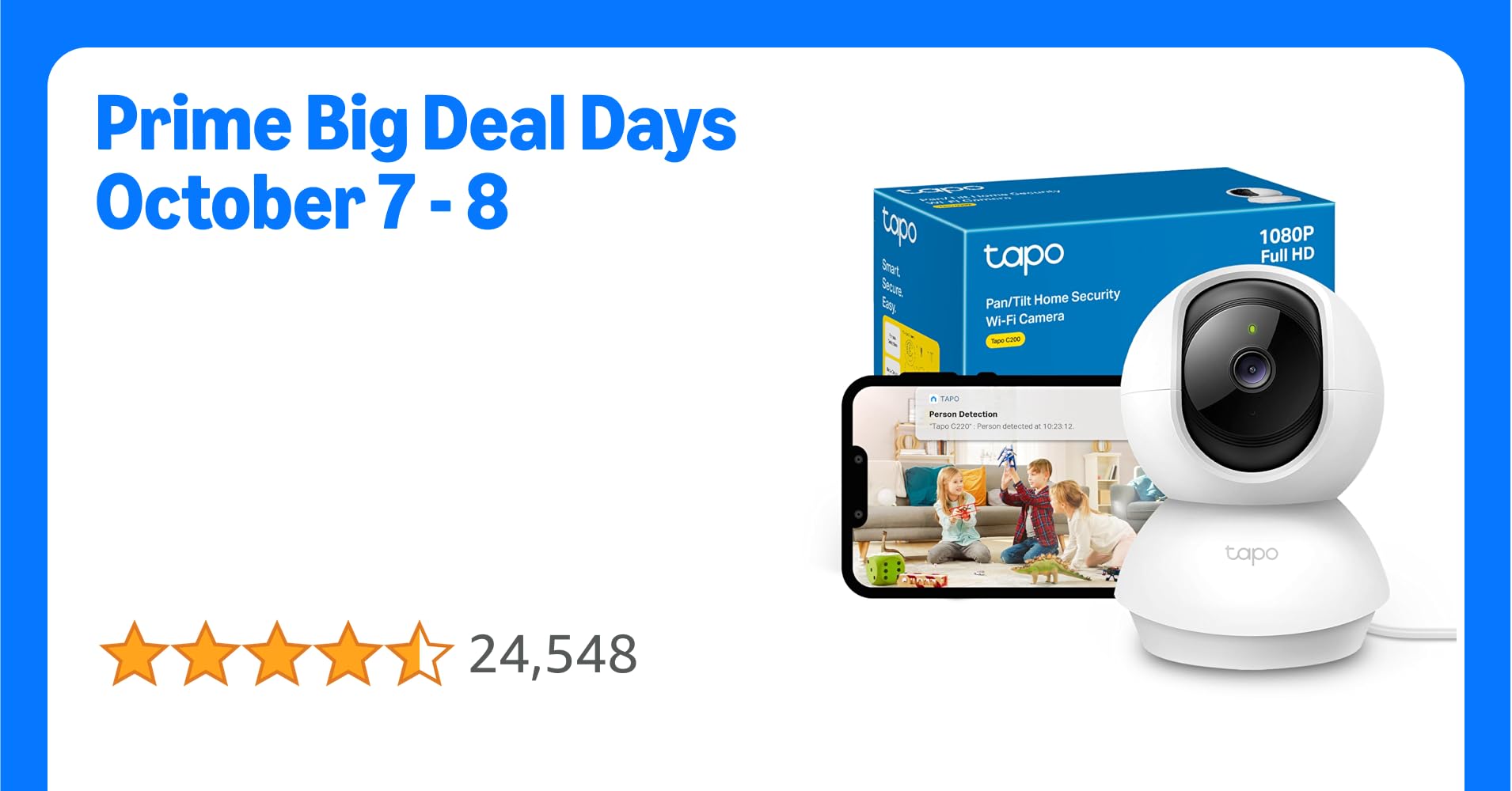 Tapo C200 1080p Pan/Tilt Indoor Camera, Baby Monitoring, Motion Detection, Customizable Privacy Mode, 2-Way Audio, Night Vision, Cloud and Local Storage, Works With Alexa and Google, No Monthly Fee