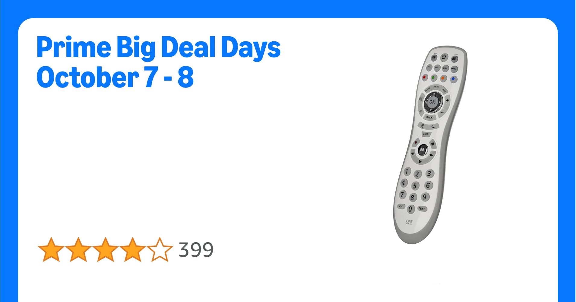 One For All Simple 4 Universal remote control, replacement 4 devices remote: TV, STB (Freeview/Sat/Cable), Blu-ray/DVD, Audio/Soundbars, with learning feature, Internet upgradeable, White, URC 6440