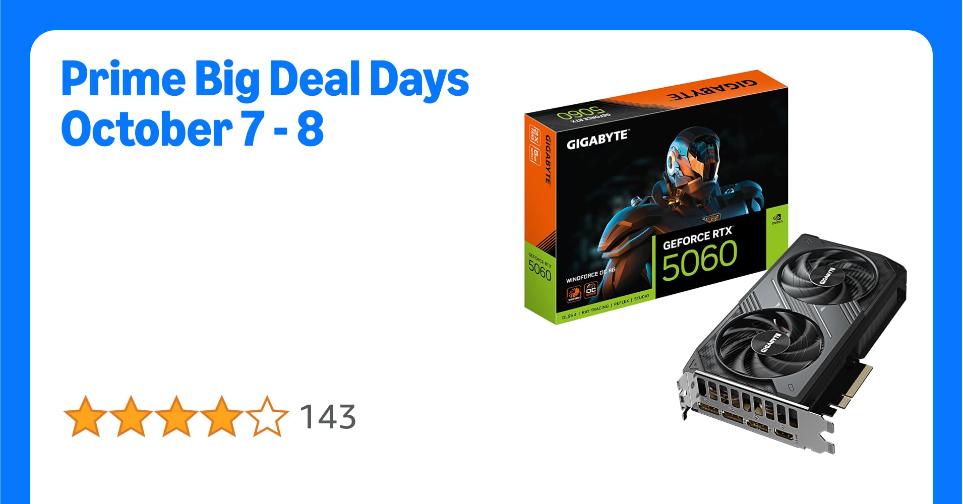 Gigabyte GeForce RTX 5060 WINDFORCE OC 8G Graphics Card - 8GB GDDR7, 128bit, PCI-E 5.0, 2512 MHz Core Clock, 3 x DisplayPort, 1 x HDMI, GV-N5060WF2OC-8GD