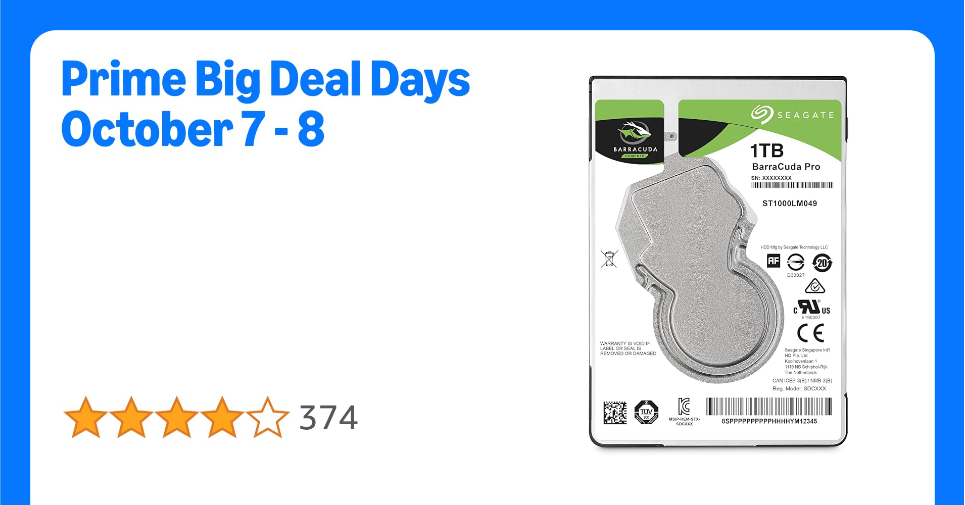 Seagate 1TB BarraCuda 2.5" Hard Drive ST1000LM049 (SATA 6Gb/s/128MB/7200 RPM)