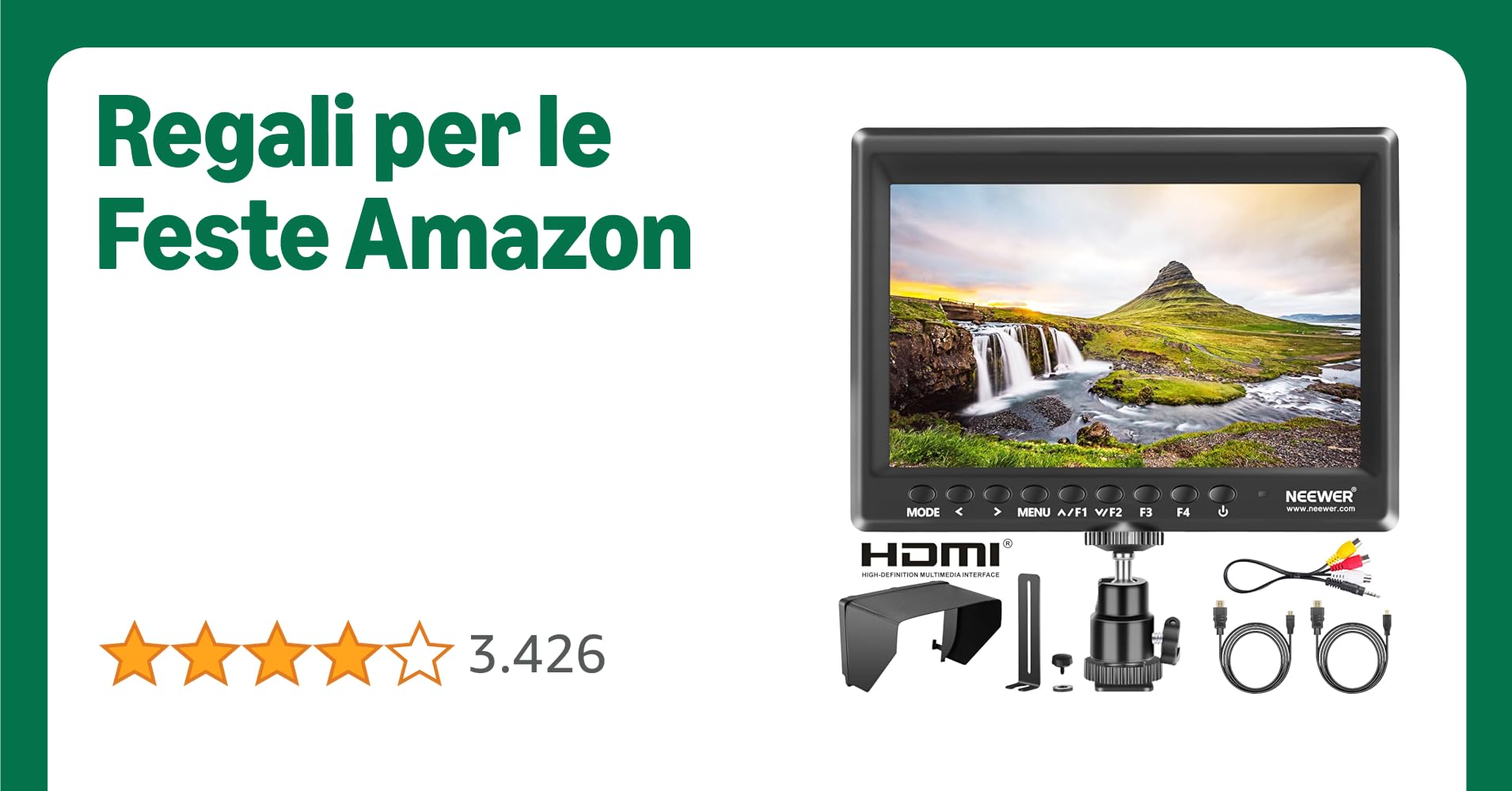 Neewer F100 da 7 Pollici Supporta 4k Input 1280x800 IPS Monitore da campo HDMI Video per DSLR Mirrorless Fotocamera SONY A7S II A6500 Panasonic GH5 Canon 5D Mark IV ed altri (Batteria non inclusa)