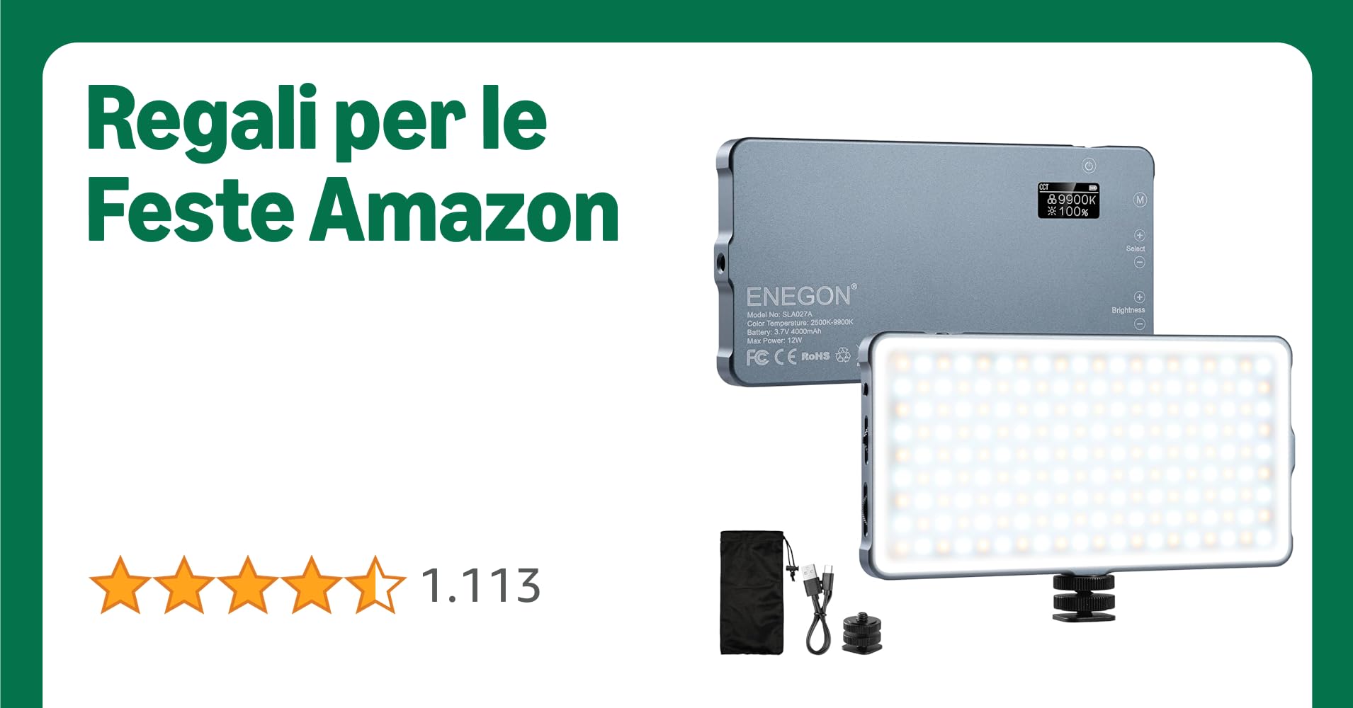 ENEGON 4000mAh Luce Video LED 2500K-9900K Bicolore Montabile Ricaricabile USB con Mini Pannello per Fotocamere DSLR Professionali Foto Illuminazione