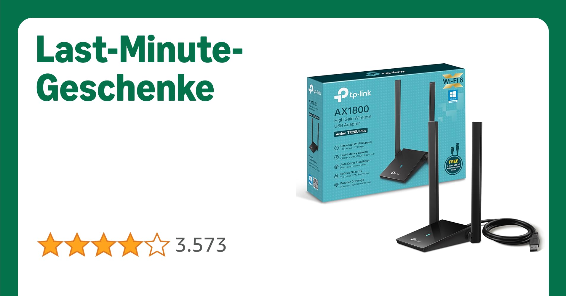 TP-Link Archer TX20U Plus WLAN Stick Für PC, WiFi 6 AX1800 Dual Band, USB 3.0, MU-MIMO, Antennen mit hoher Verstärkung, WPA3-Verschlüsselung, Kompatibel mit Windows 11/10, Schwarz