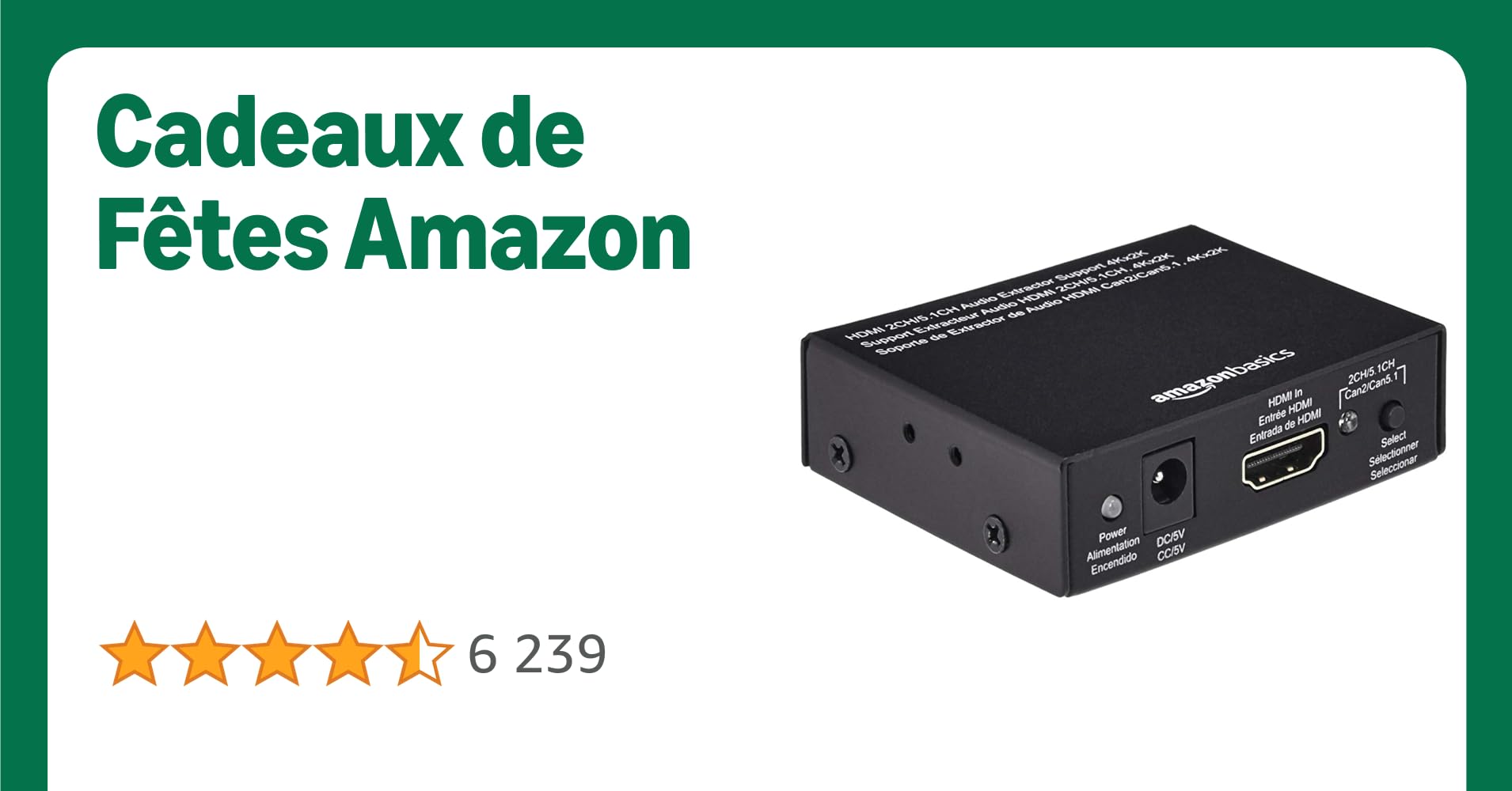 Amazon Basics Extracteur/Convertisseur HDMI vers HDMI et Audio (Stéréo RCA ou S/PDIF​​), 4K, @30Hz, Noir