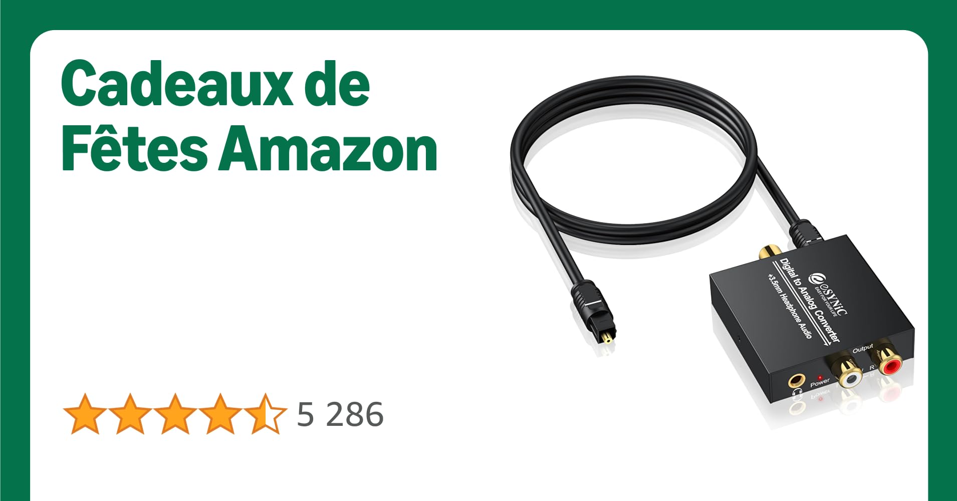 eSynic Convertisseur adaptateur audio numérique DAC vers analogique RCA L/R 3,5 mm Sortie casque stéréo avec câble optique pour PS3 Xbox 360 HDTV DVD Sky HD Apple TV