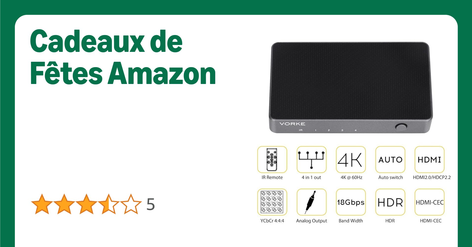 VORKE Interrupteur Commutateur HDMI 4 entrées et 1 Sortie 4k x 2k à 60Hz (4: 4: 4) 18Gbps HDMI2.0 HDCP2.2 HDR avec Sortie Audio et télécommande