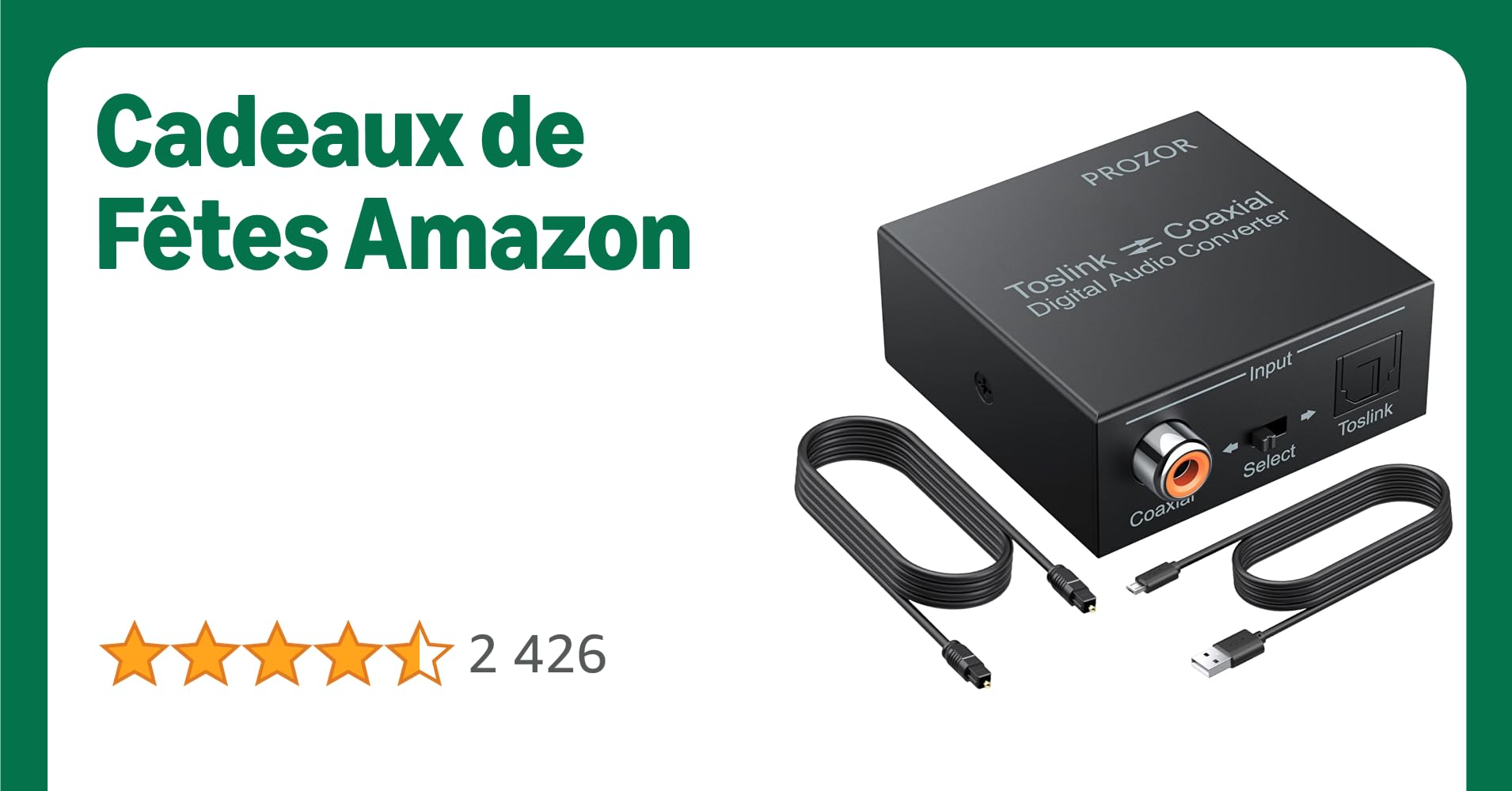 PROZOR Convertisseur Numérique Coaxial à Optique SPDIF Toslink Convertisseur Audio Numérique Support DTS/Dolby-AC3 Répartiteur Audio Numérique Bidirectionnel 192KHz avec Câble Optique
