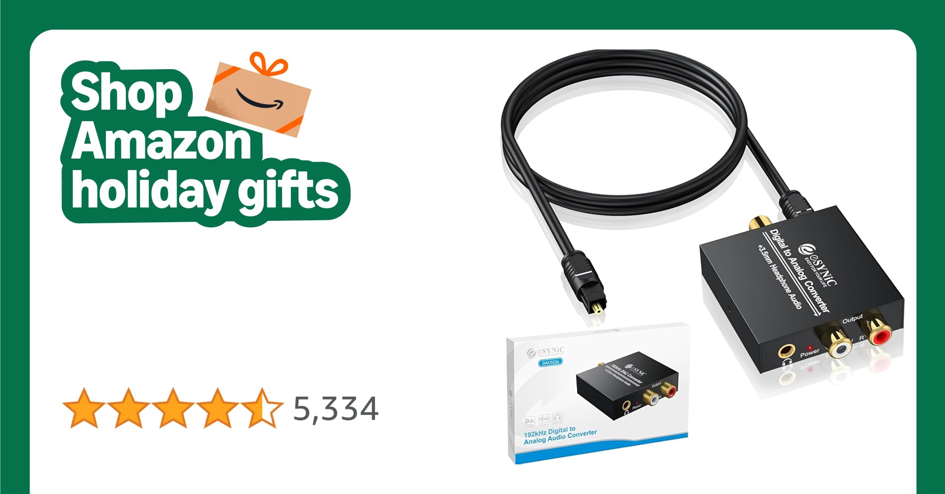 eSynic 192KHZ Optical to RCA Converter Pure&Clear Sound Digital to Analog Audio Converter Support|3.5mm&RCA Output|Lightweight|Aluminum Metal Case|PCM or LPCM Audio Format| for HDTV Blu Ray DVD etc