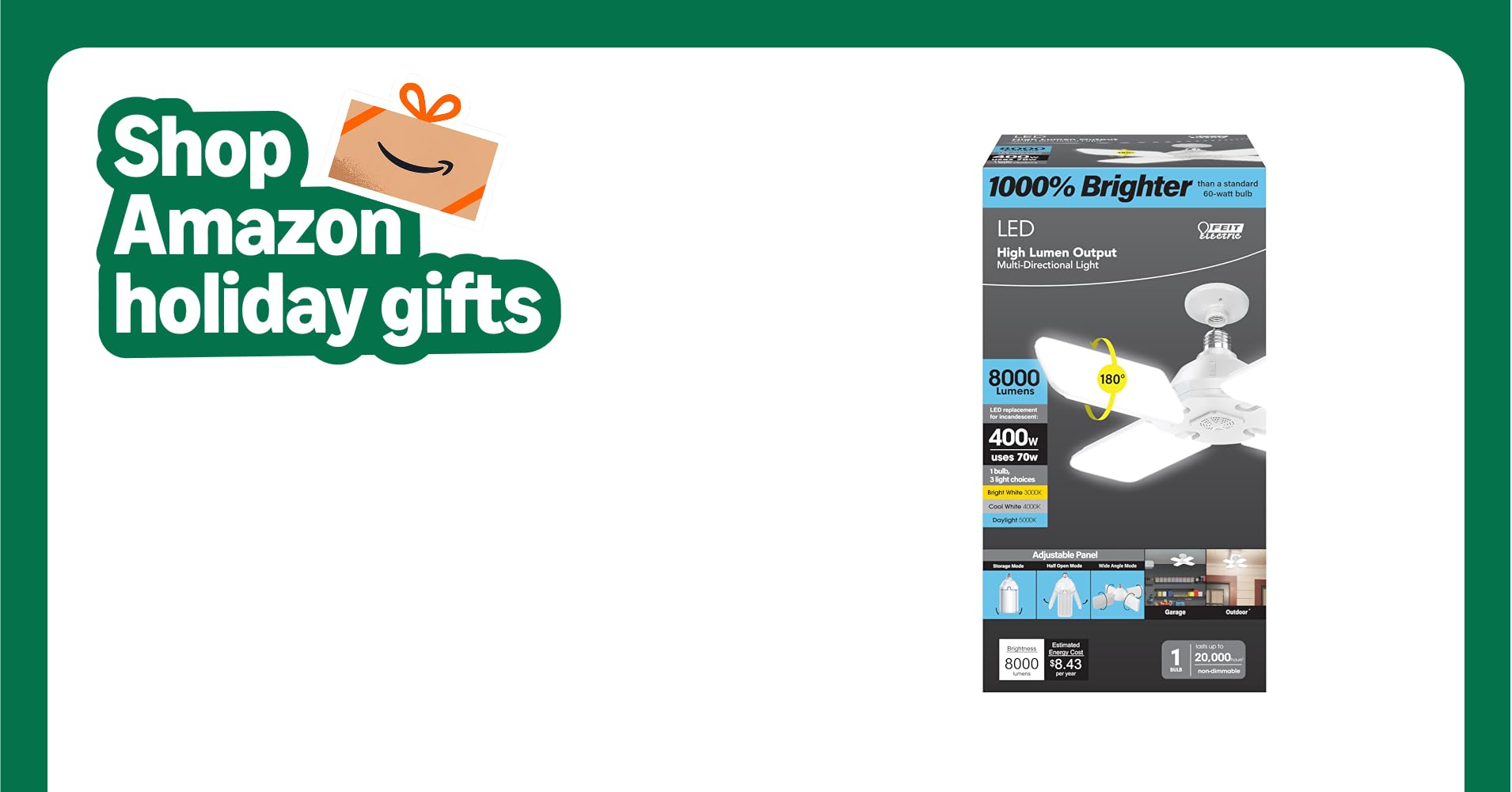 Feit Electric Adjustable LED Garage Light, 3CCT Selectable White (Bright/Cool/Daylight), 8000 Lumen, 90° Folding Panels, E26 Base, High-Output Panel for Attic, Basement, Workshop, ADJ8000/3CCT/LED