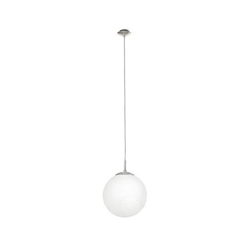 Eglo Suspension luminaire Rondo, lustre suspendu en acier nickel-mat, boule en verre opale mat blanc, lampe de salon ou salle à manger, douille E27, Ø 25 cm