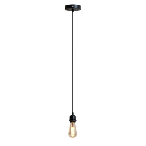 LEDSone Plafonnier industriel noir, douille métallique à vis E26/E27 avec anneau de verrouillage pour abat-jour, câble flexible tressé réglable de 100 cm | Rosace - Lot de 2 (Avec ampoule - 1 pièce)