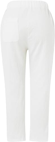 Women's Casual Summer Cotton Linen Pants Elastic High Waisted Drawstring Straight Leg Capris Beach Trousers4