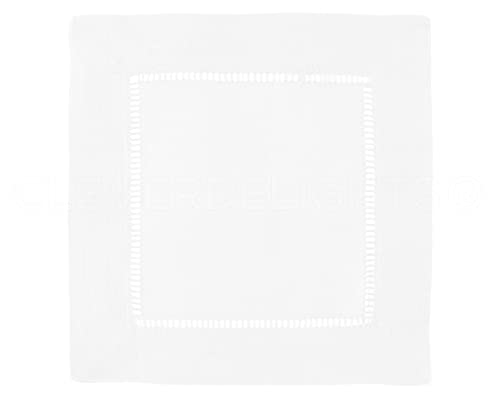 CleverDelights 6" White Linen Hemstitch Cocktail Napkins - 12 Pack - 100% Linen