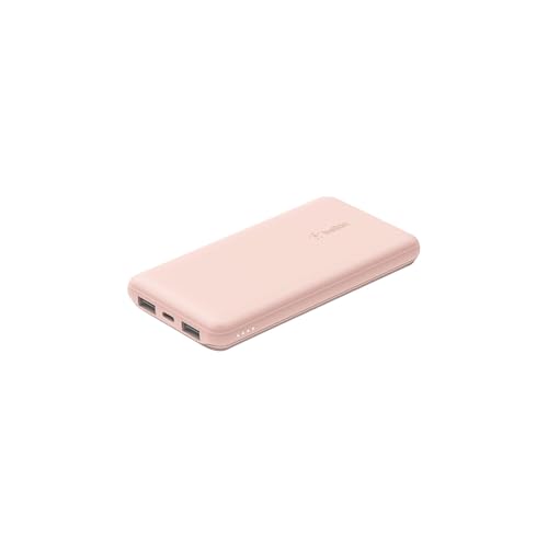 Belkin batería externa portátil de 10000mAh, cargador externo USB-C con 1 puerto USB-C y 2 puertos USB-A, power bank de 15W, batería portátil para iPhone, Galaxy, Pixel, AirPods, iPad y otros- Or rose