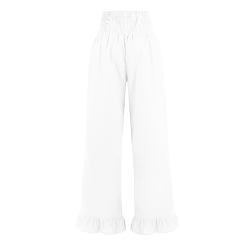 Image of Palazzo Pants for Women Linen Smocked Elastic Waist Ruffle Wide Leg Pants Summer Beach Flowy Boho Pant with Pockets