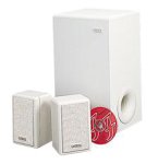 Cambridge SoundWorks Ensemble III Speaker System showing subwoofer and two satellite speakers in white.