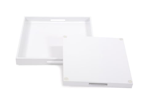 Image of Howard Elliott Collection Premium Wooden Serving Tray with Handle, Glossy White Finish Decorative Square Wood Tray Set Platters for Ottoman, Breakfast, Parties, Weddings, 20 x 20 Inch