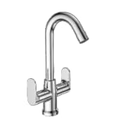 brass centre hole basin mixer tap with high curved heavy spout | dual lever hot and cold water sink mixer faucet for wash basin & bathroom | mirror chrome finish