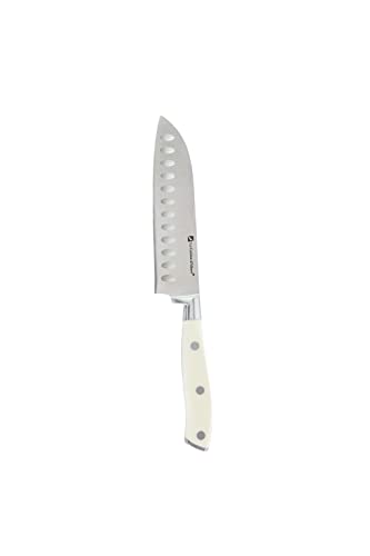 Albert de Thiers, Acot005004, L'Irresistible, cuchillo de cocina Santoku 14,5 cm, placa 3CR13, acero inoxidable, hoja de 14,5 cm, mango ABS blanco + 3 remaches, protección de PVC en la hoja Cover