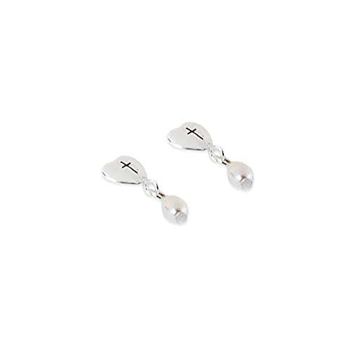 First Holy Communion Heart Cross Pearl Drop One Size Silver-Plated Earrings2