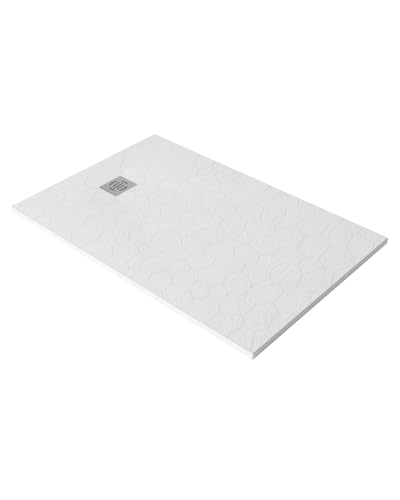 Piatto Doccia 80x120x2.6 cm Bianco Effetto Pietra Rettangolare in SMC Riducibile con Kit di scarico