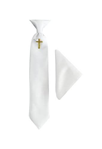 Boys Communion Necktie and Pocket Square with a White, Silver Metallic, or Gold Metallic Religious Cross