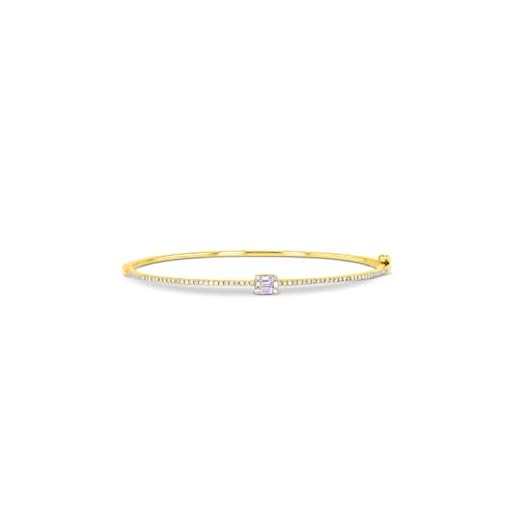 Social Value 14k Solid Gold Genuine Natural Diamond Baguette and Round Diamond Emerald Cut Look Statement Bangle (Yellow Gold)